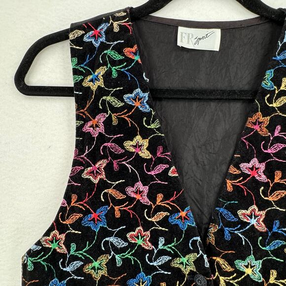 Vintage 90's Embroidered Floral Vest XS Black Boho Retro Dress Whimsigoth Career - Picture 5 of 8